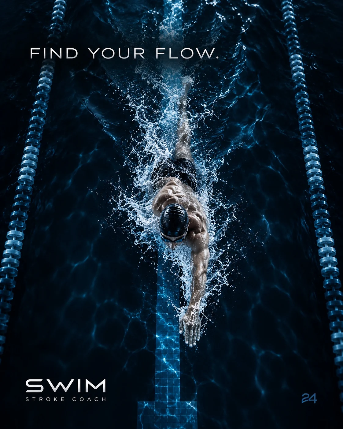 A swimmer driving powerfully down a lane, seen from overhead in dark blue water, Find Your Flow campaign