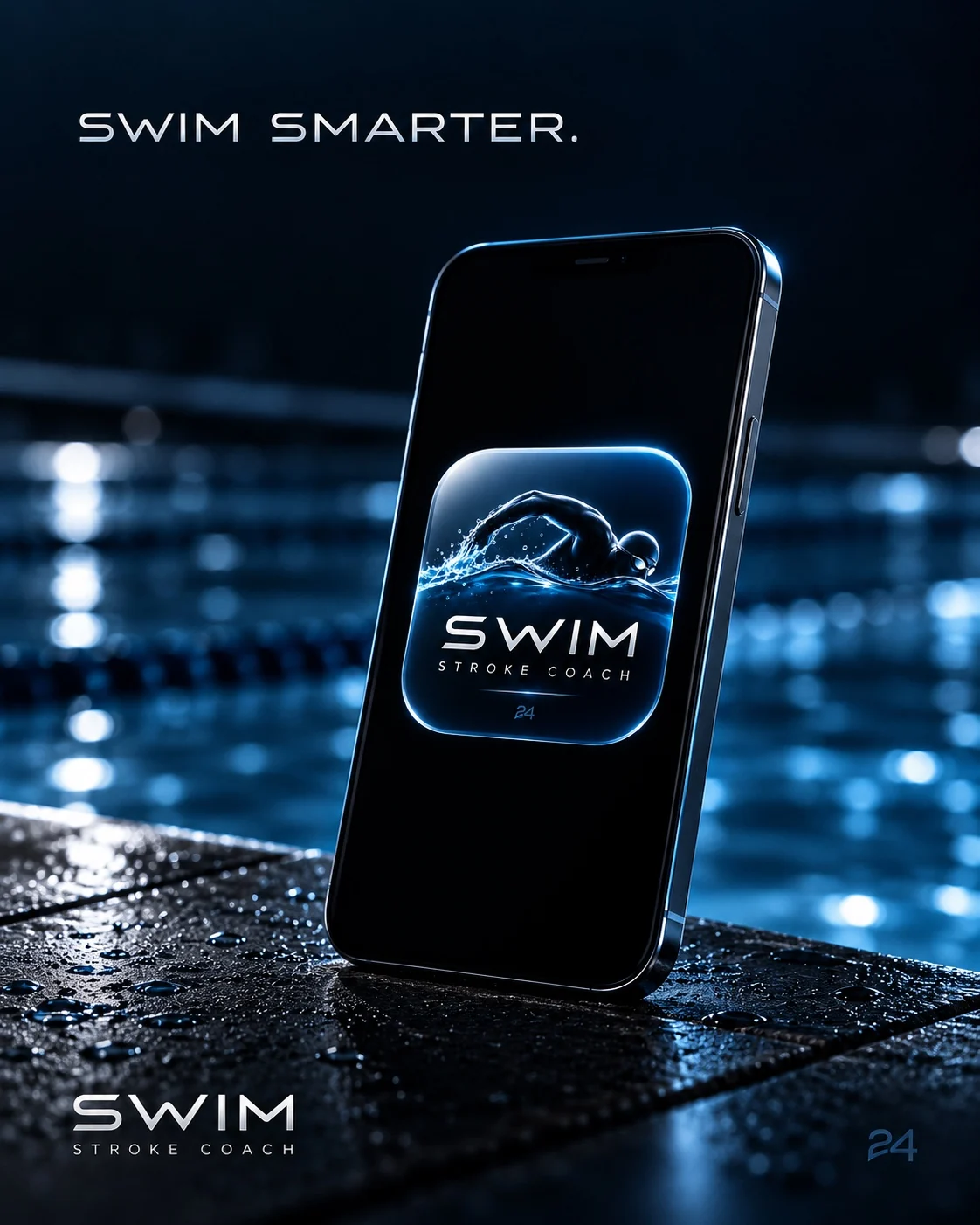 Swim Stroke Coach mobile app logo displayed on a phone at the edge of a swimming pool